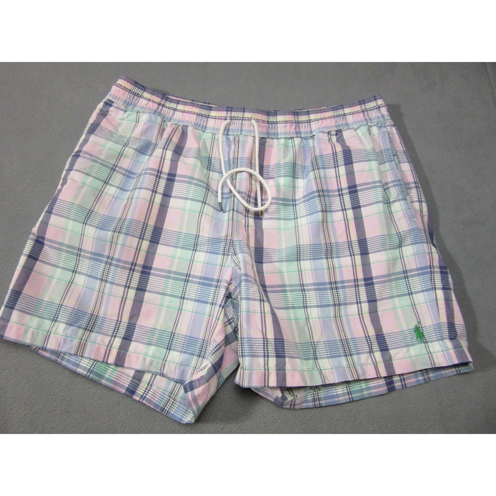 Polo Ralph Lauren Shorts Mens XL Pink White Plaid Pony Mesh Lined Swimwear